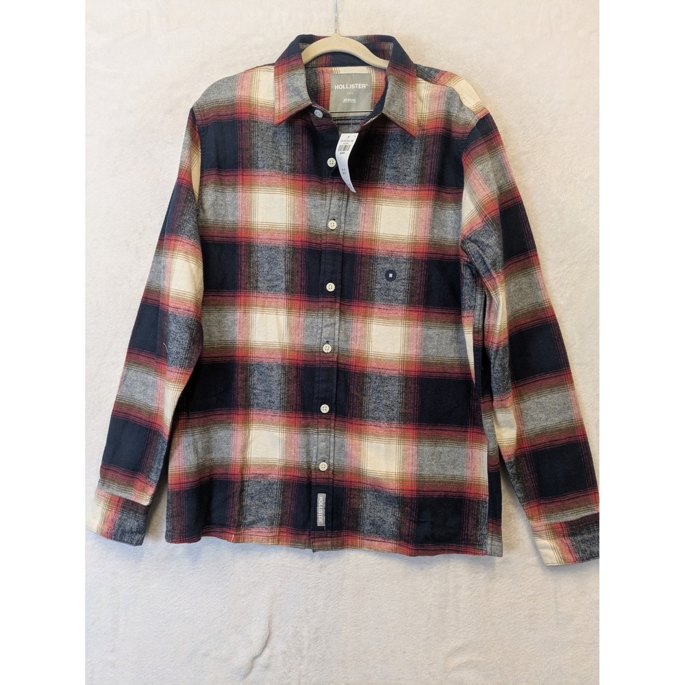 Hollister Men's Size M Flannel Shirt Plaid Long Sleeve Button Up Red Black Cream